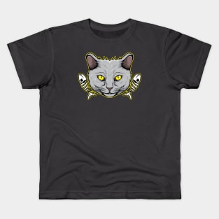 Cat Head With Skeleton Fish Kids T-Shirt